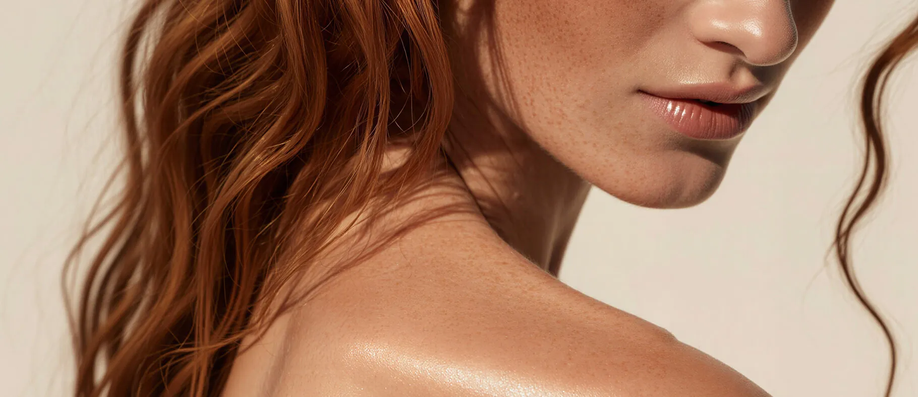 Close-up of a woman's shoulder and neck with healthy skin